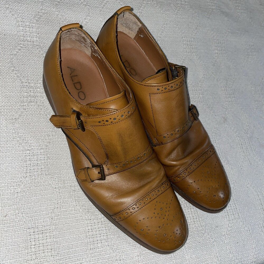 Aldo Men’s Double Monk Dress Shoes Size 43 U.S. 10 M Tan Leather Business Formal